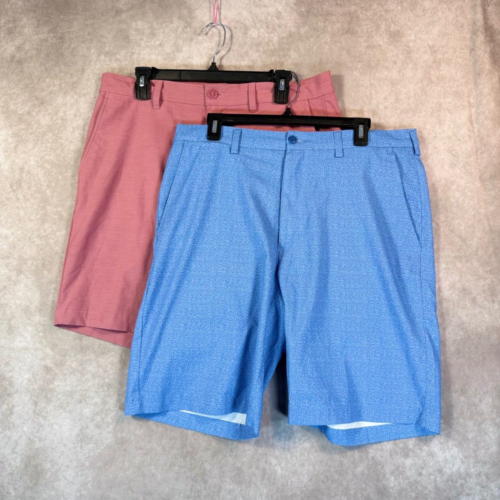 PGA Tour Golf Shorts Mens 34 Blue Pink Textured Stretch Performance Bundle 2pk